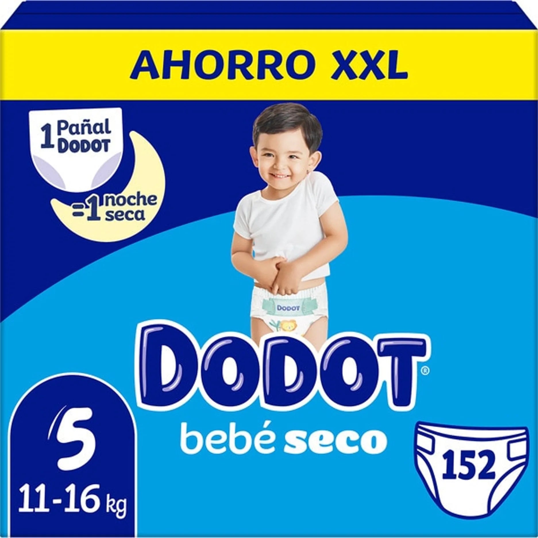 Dodot Baby-Dry, formato XXL, tallas de la 3 a la 7. Pañales para bebé con sistema de triple protección antifugas, el nº 1 en ultra sequedad, triple capa absorbente, la piel de tu bebé seca hasta por 12 horas.