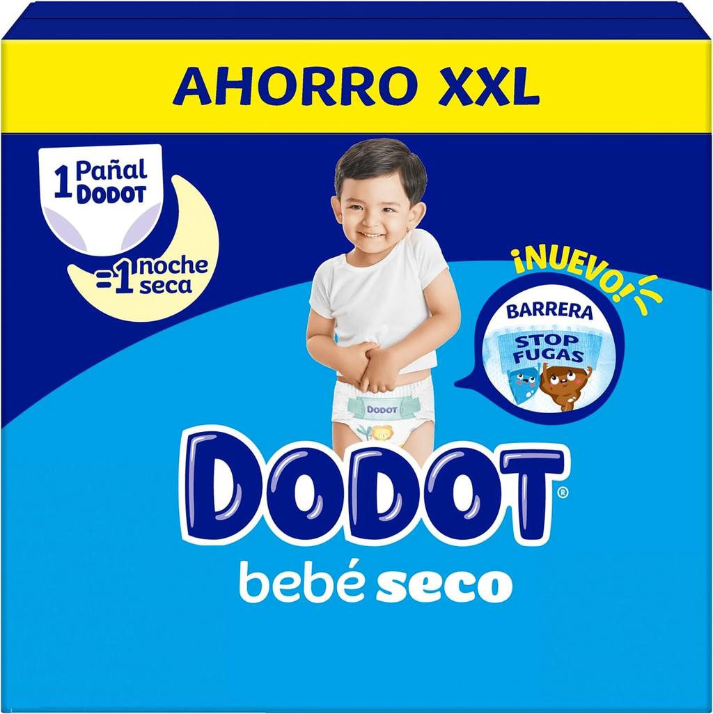 Dodot Baby-Dry, formato XXL, tallas de la 3 a la 7. Pañales para bebé con sistema de triple protección antifugas, el nº 1 en ultra sequedad, triple capa absorbente, la piel de tu bebé seca hasta por 12 horas.