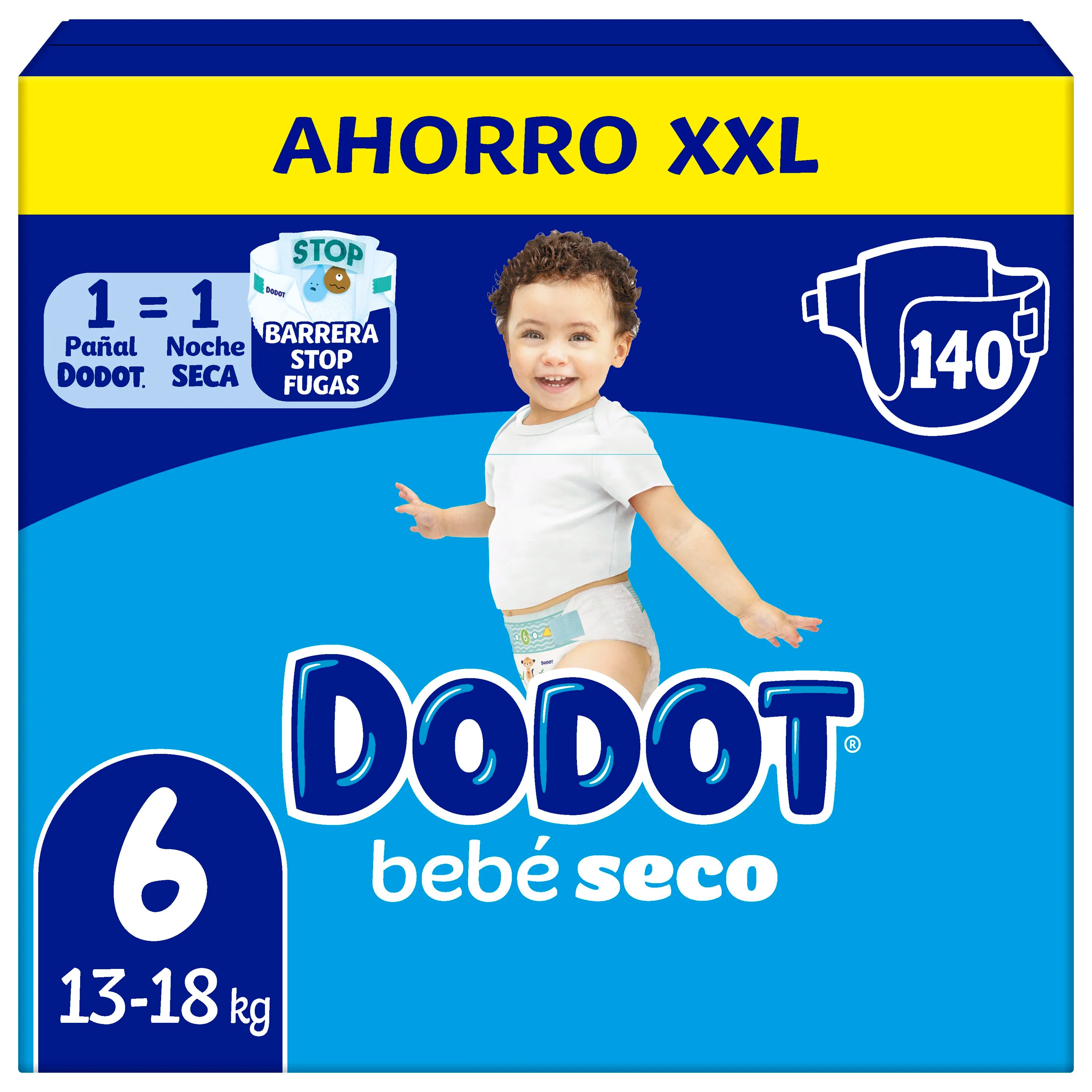 Dodot Baby-Dry, formato XXL, tallas de la 3 a la 7. Pañales para bebé con sistema de triple protección antifugas, el nº 1 en ultra sequedad, triple capa absorbente, la piel de tu bebé seca hasta por 12 horas.
