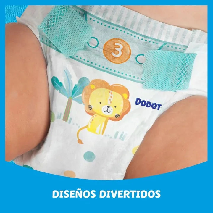 Dodot Baby-Dry, formato XXL, tallas de la 3 a la 7. Pañales para bebé con sistema de triple protección antifugas, el nº 1 en ultra sequedad, triple capa absorbente, la piel de tu bebé seca hasta por 12 horas.