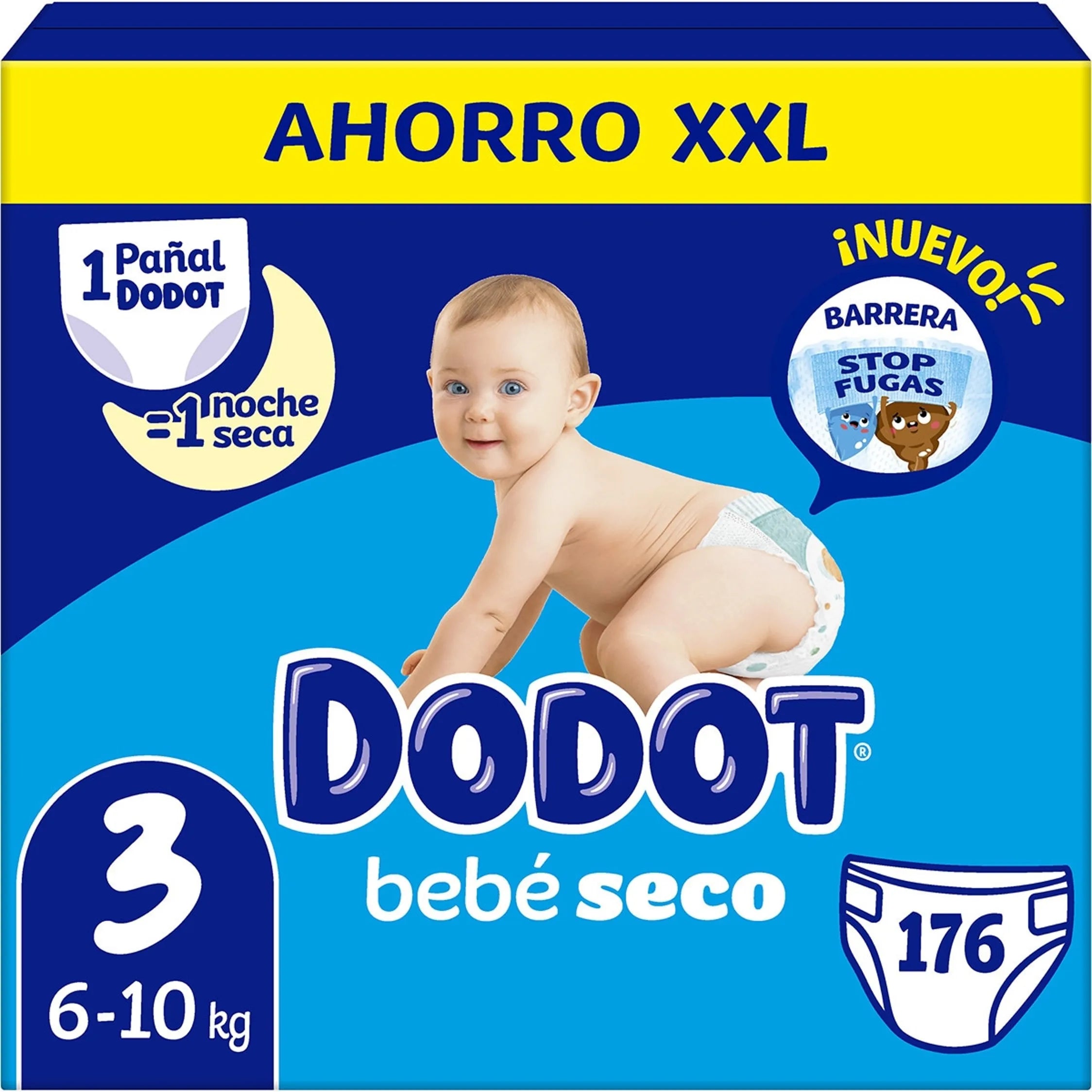 Dodot Baby-Dry, formato XXL, tallas de la 3 a la 7. Pañales para bebé con sistema de triple protección antifugas, el nº 1 en ultra sequedad, triple capa absorbente, la piel de tu bebé seca hasta por 12 horas.