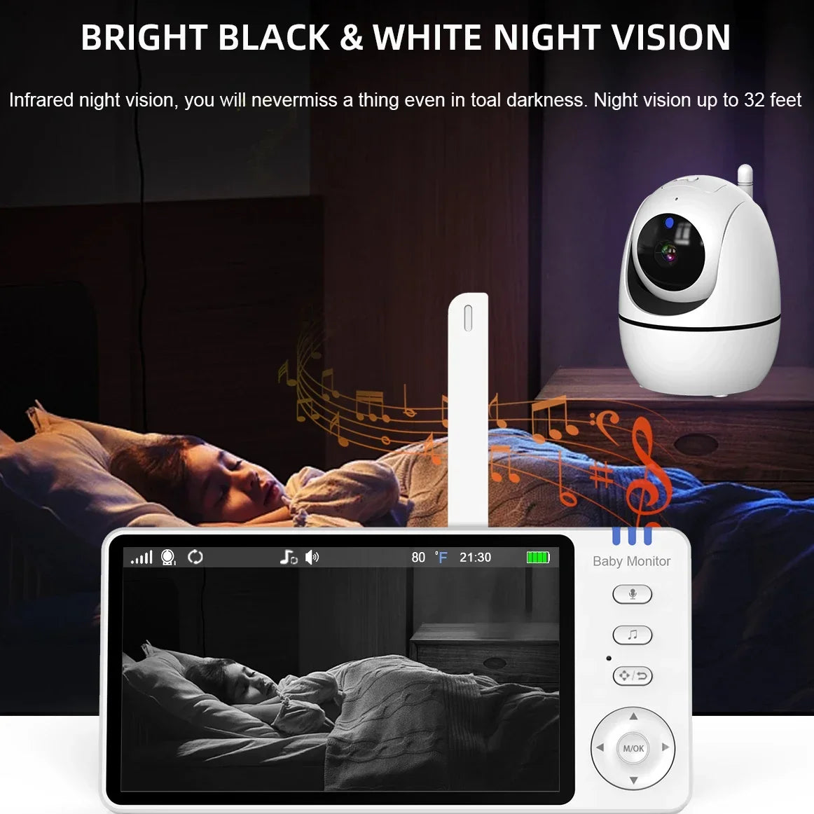 Vigilabebés con Cámara de 5 Pulgadas – Monitor con Rotación Remota, Zoom, Alerta de Temperatura y Canciones de Cuna