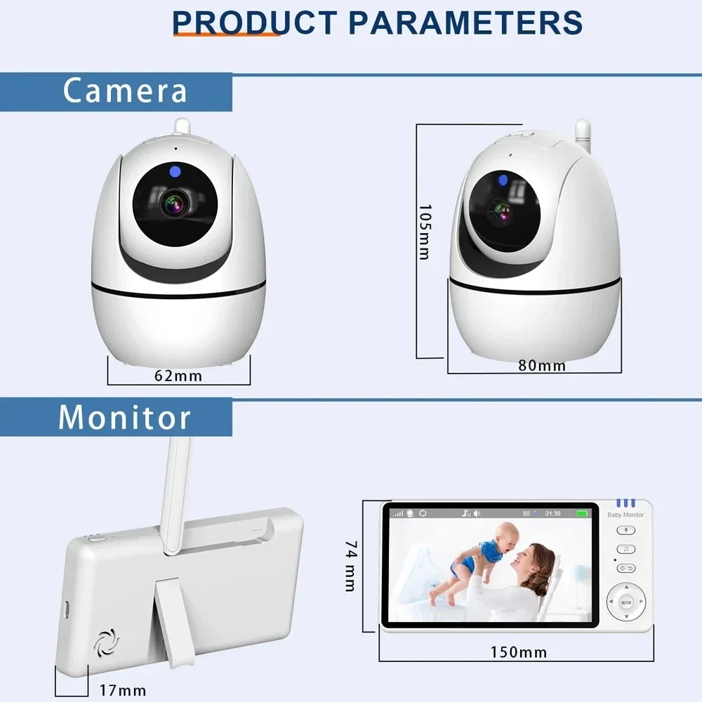 Vigilabebés con Cámara de 5 Pulgadas – Monitor con Rotación Remota, Zoom, Alerta de Temperatura y Canciones de Cuna