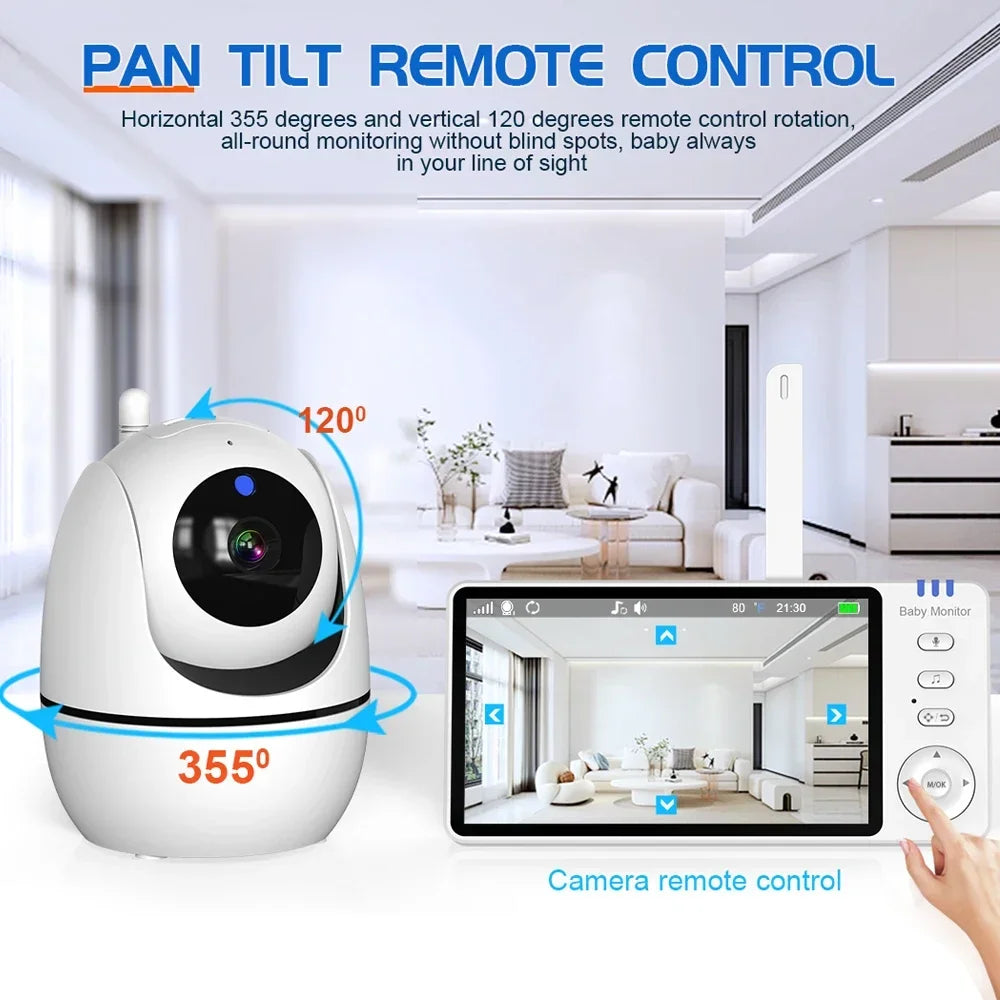 Vigilabebés con Cámara de 5 Pulgadas – Monitor con Rotación Remota, Zoom, Alerta de Temperatura y Canciones de Cuna
