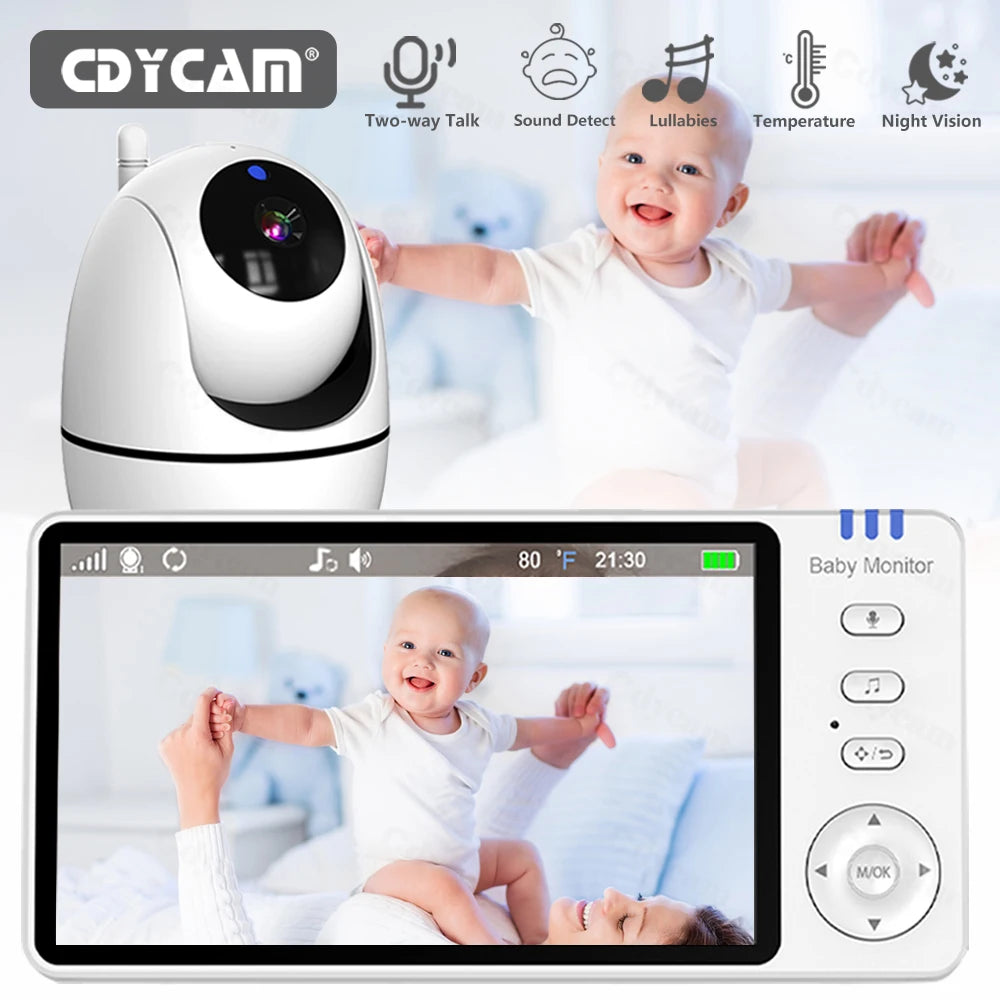 Vigilabebés con Cámara de 5 Pulgadas – Monitor con Rotación Remota, Zoom, Alerta de Temperatura y Canciones de Cuna