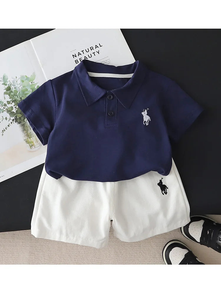 Conjunto de ropa de moda de verano para bebé niño: Camiseta polo clásica y pantalones cortos (2 piezas), traje de chándal infantil para niños pequeños.