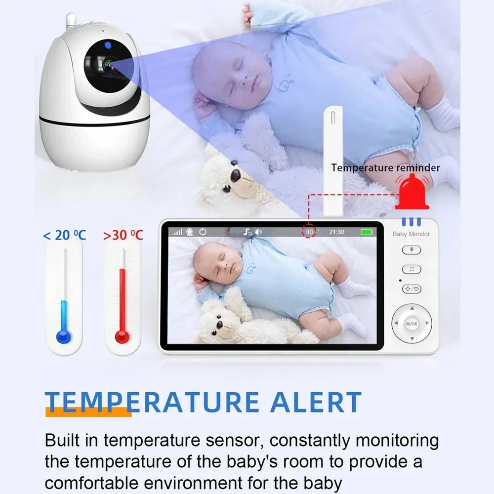Vigilabebés con Cámara de 5 Pulgadas – Monitor con Rotación Remota, Zoom, Alerta de Temperatura y Canciones de Cuna