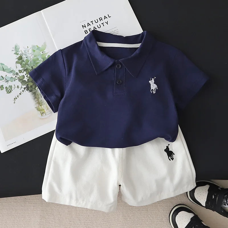 Conjunto de ropa de moda de verano para bebé niño: Camiseta polo clásica y pantalones cortos (2 piezas), traje de chándal infantil para niños pequeños.